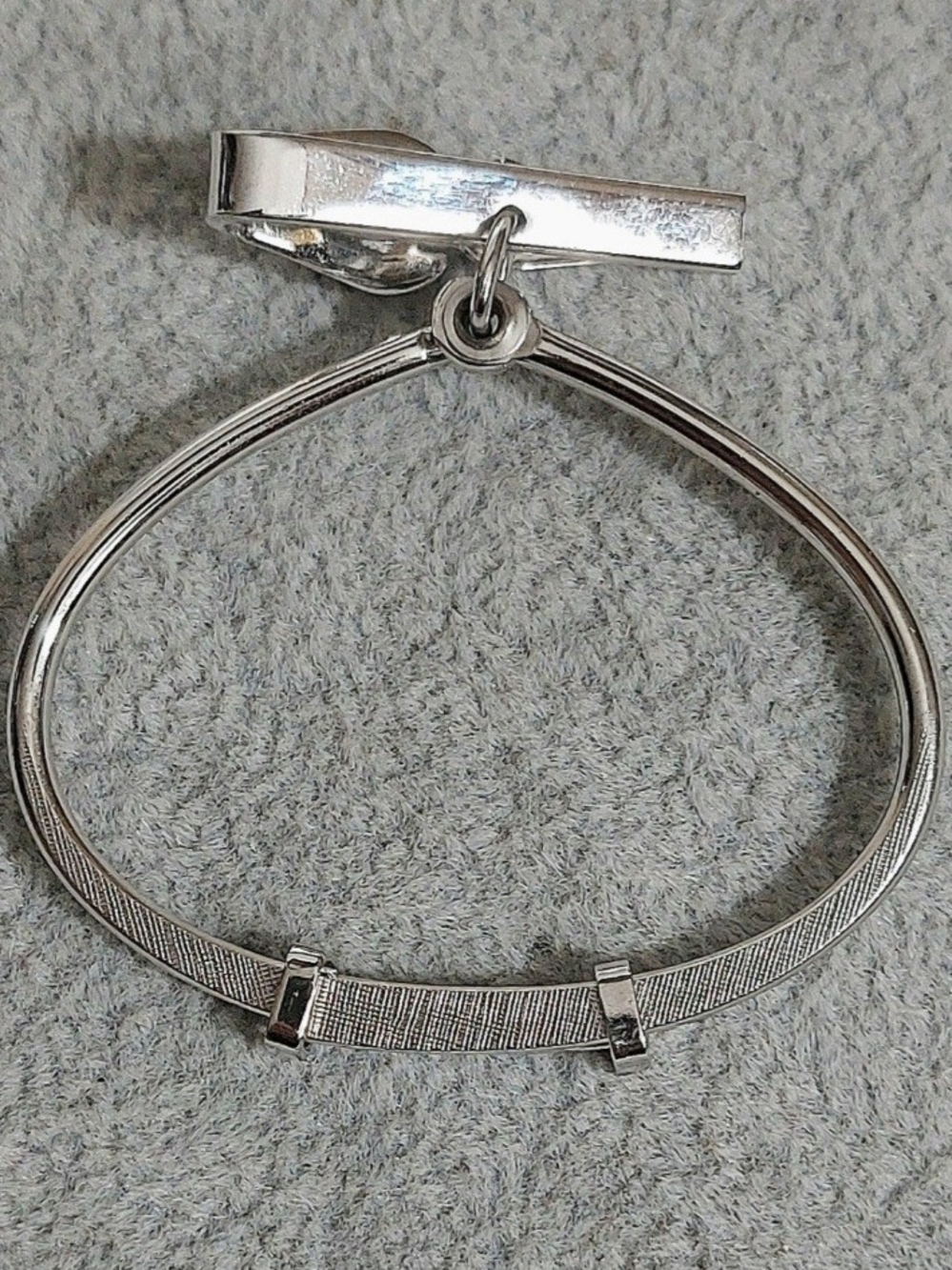 Vintage Swank Signed Silver Oval Tie Bar/Clip w/ Dangle Loop Chain